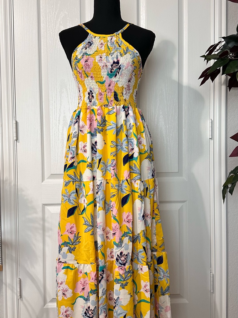 Floral Yellow Smocked Halter Maxi Dress Adjustable Strap,Length:112cm